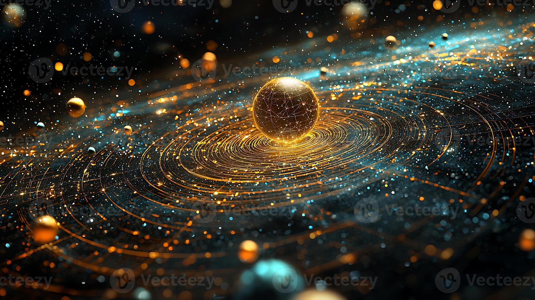 An abstract image of a sphere surrounded by stars photo