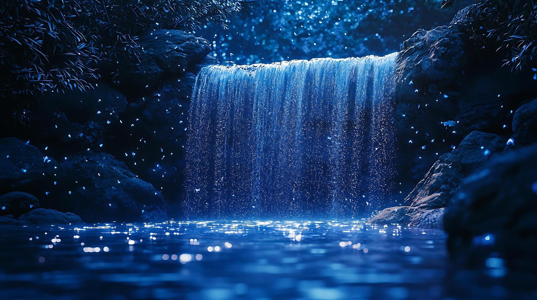 A waterfall in the dark with stars shining photo