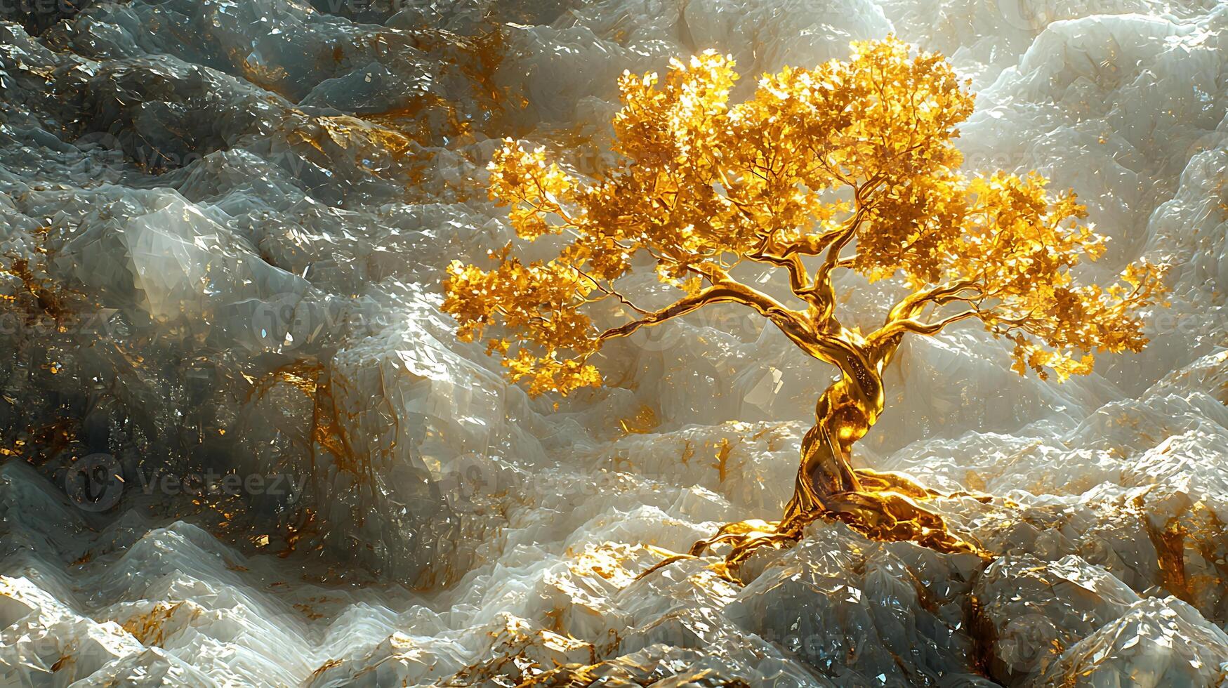 A tree is growing on a rock in a field photo