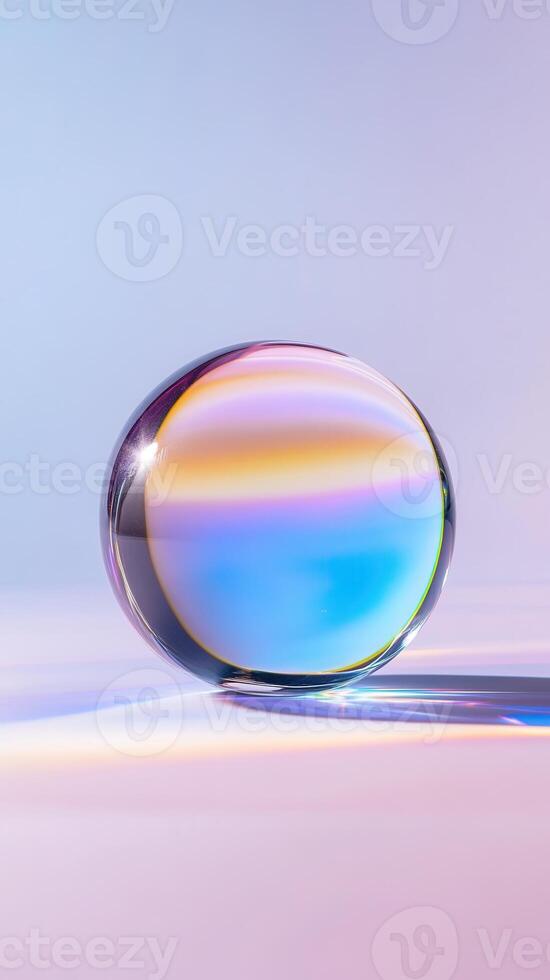 Iridescent reflecting sphere glass multicolored light, casting prismatic shadow against smooth gradient surface. Abstract background photo