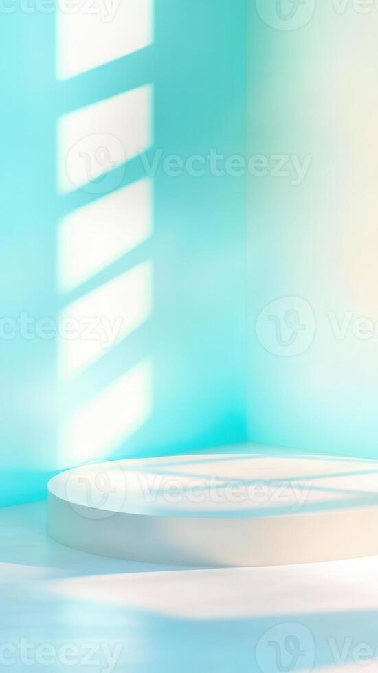 Empty glass podium palm with leaf casting shadow in turquoise room creating relaxing atmosphere for product placement. Abstract background photo
