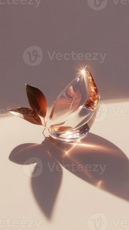 glinting sunlight Soft off golden accented glass perfume bottle, casting delicate shadows against neutral backdrop. Abstract background photo