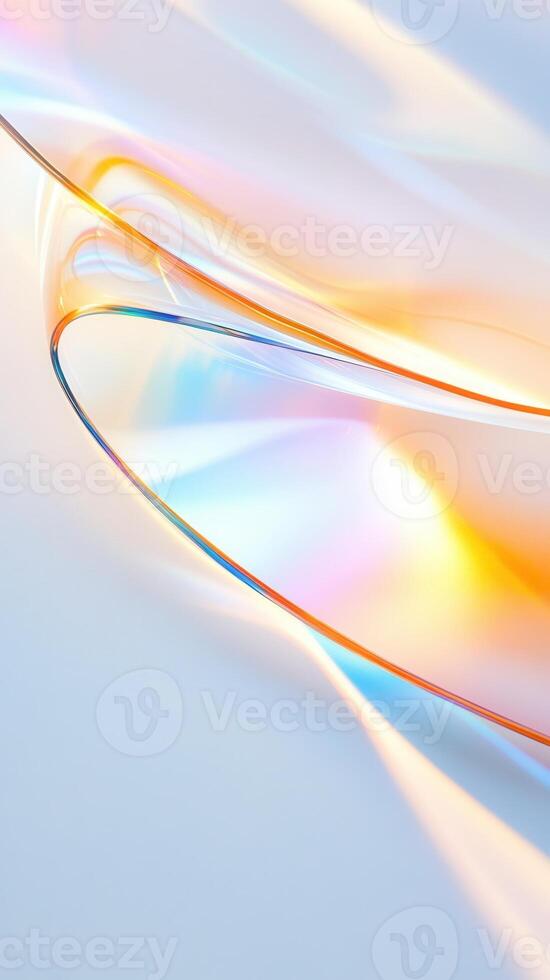 on display stands reflecting iridescent rainbow light Crystal glossy surface, creating contemporary minimalist visual composition. Abstract background photo