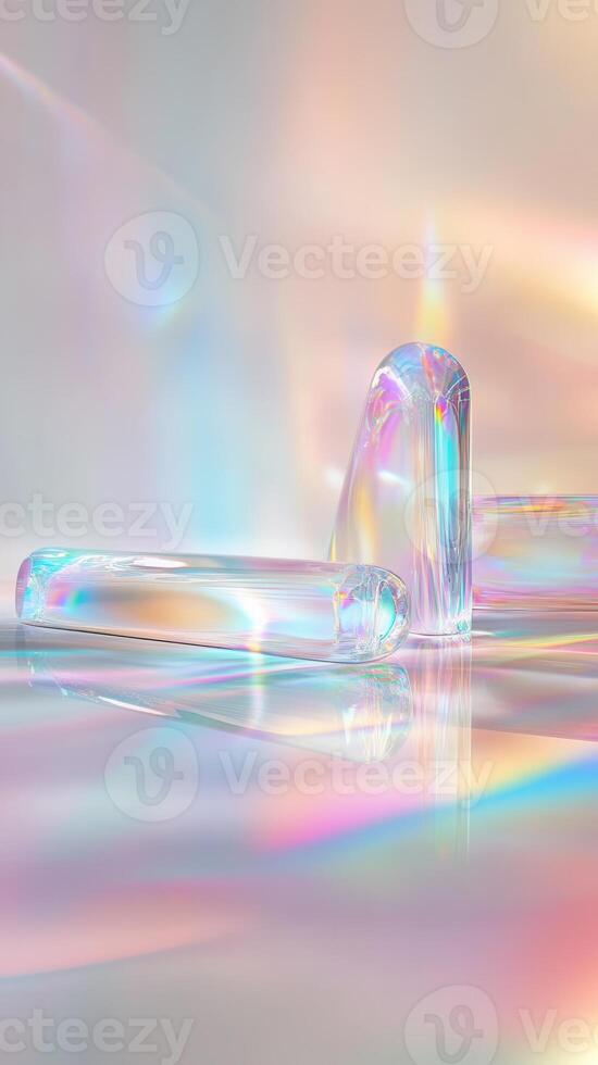 Crystal display stands reflecting light rainbow iridescent on glossy surface, creating contemporary minimalist visual composition. Abstract background photo