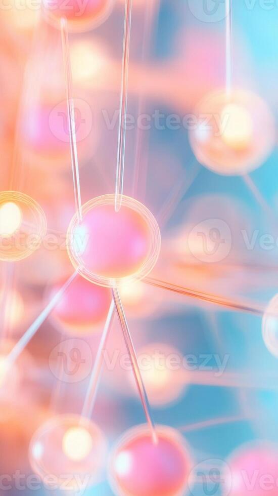 spheres, glass rods linking pastel Interconnected creating molecular network pattern with soft color gradient background. Abstract background photo