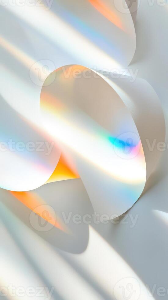 Crystal display stands reflecting iridescent rainbow surface, on glossy light creating contemporary minimalist visual composition. Abstract background photo