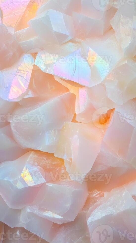 Crystal display stands reflecting iridescent rainbow light on glossy surface, creating contemporary minimalist visual composition. Abstract background photo