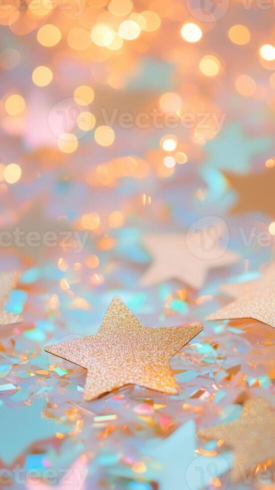 Glowing christmas stars and over shimmering confetti, radiating holiday warmth scattered festive cheer. Abstract background photo