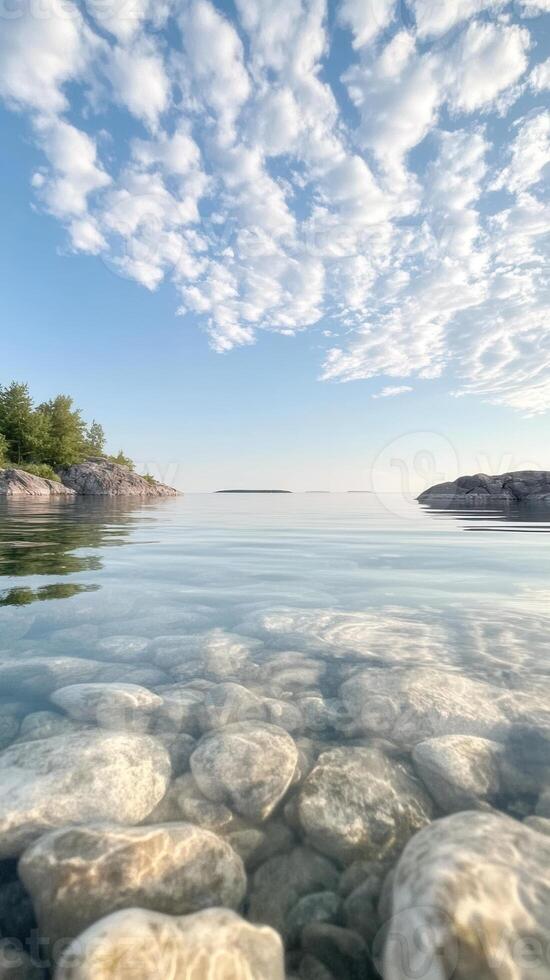 Calm water reflecting cloudy sky with visible bottom rocky through clear water. Abstract background photo