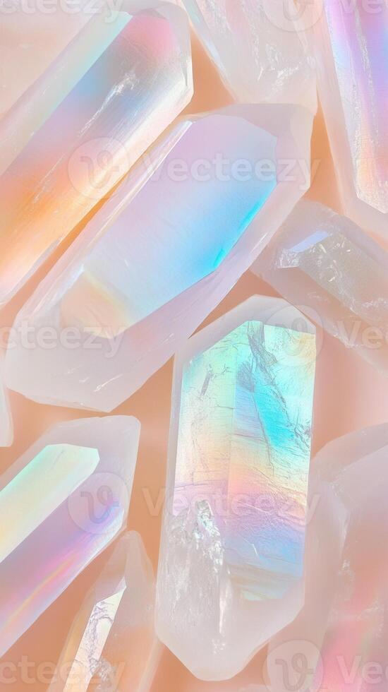 Crystal surface, stands reflecting iridescent rainbow light on glossy display creating contemporary minimalist visual composition. Abstract background photo