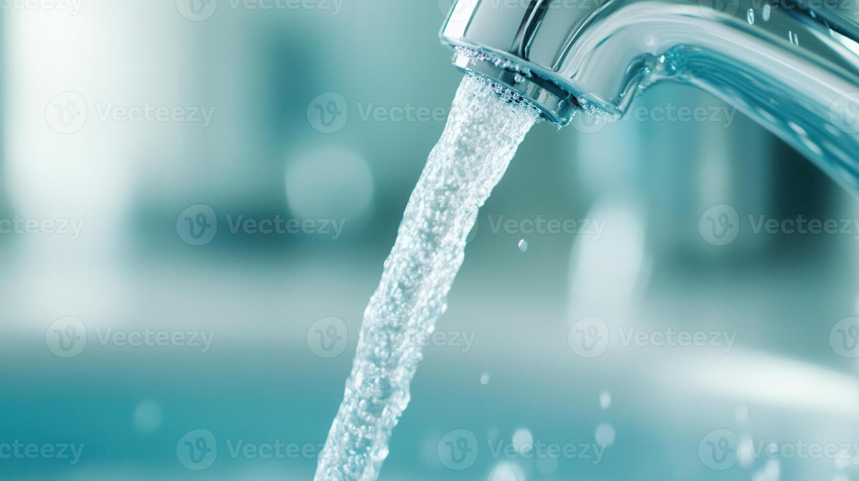 Fresh Clean water streaming from sleek close up interior faucet, illuminating minimalist kitchen design home chrome with crisp, contemporary aesthetic Copy space for text photo