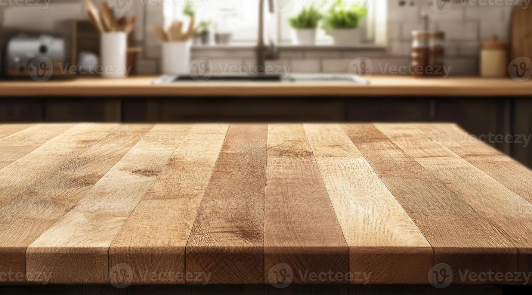 Sunlight illuminating mockup ambiance wooden surface, soft kitchen interior home blurred background offering minimalist staging for product display with warm, inviting empty photo