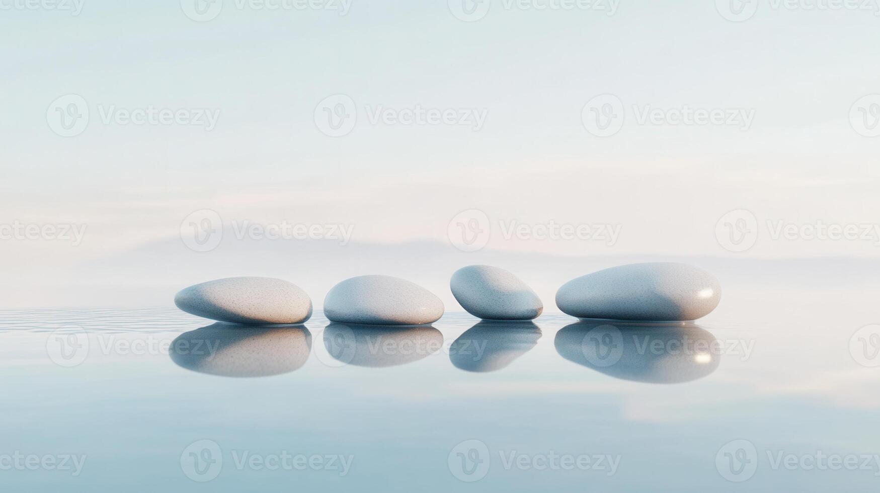 white pebbles reflecting on peace water surface with a blurred seascape in the background at sunset, evoke a sense of and a tranquility photo