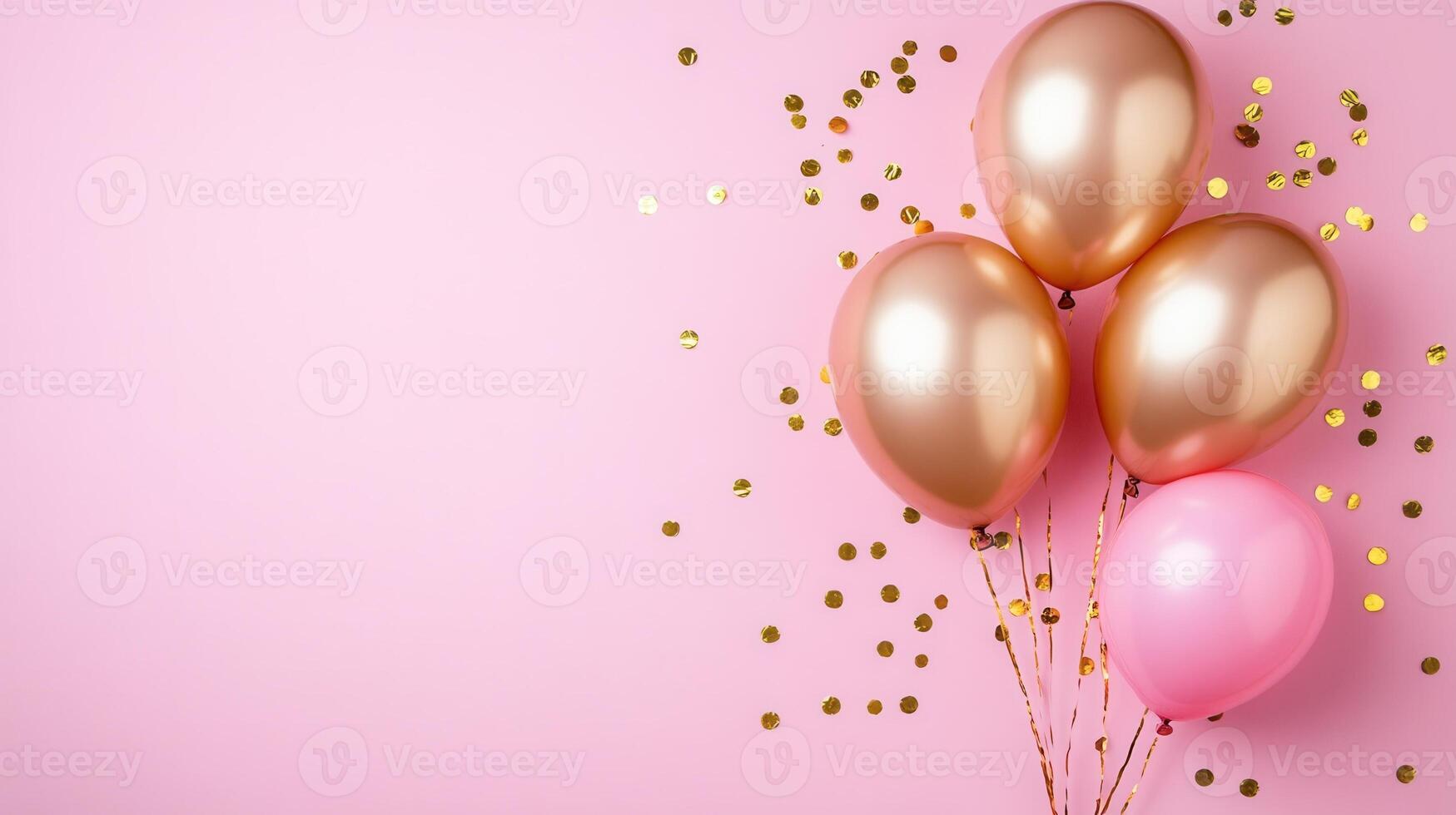 Airy against and gold balloons creating a festive atmosphere pink a solid pink background adorned with scattered confetti photo