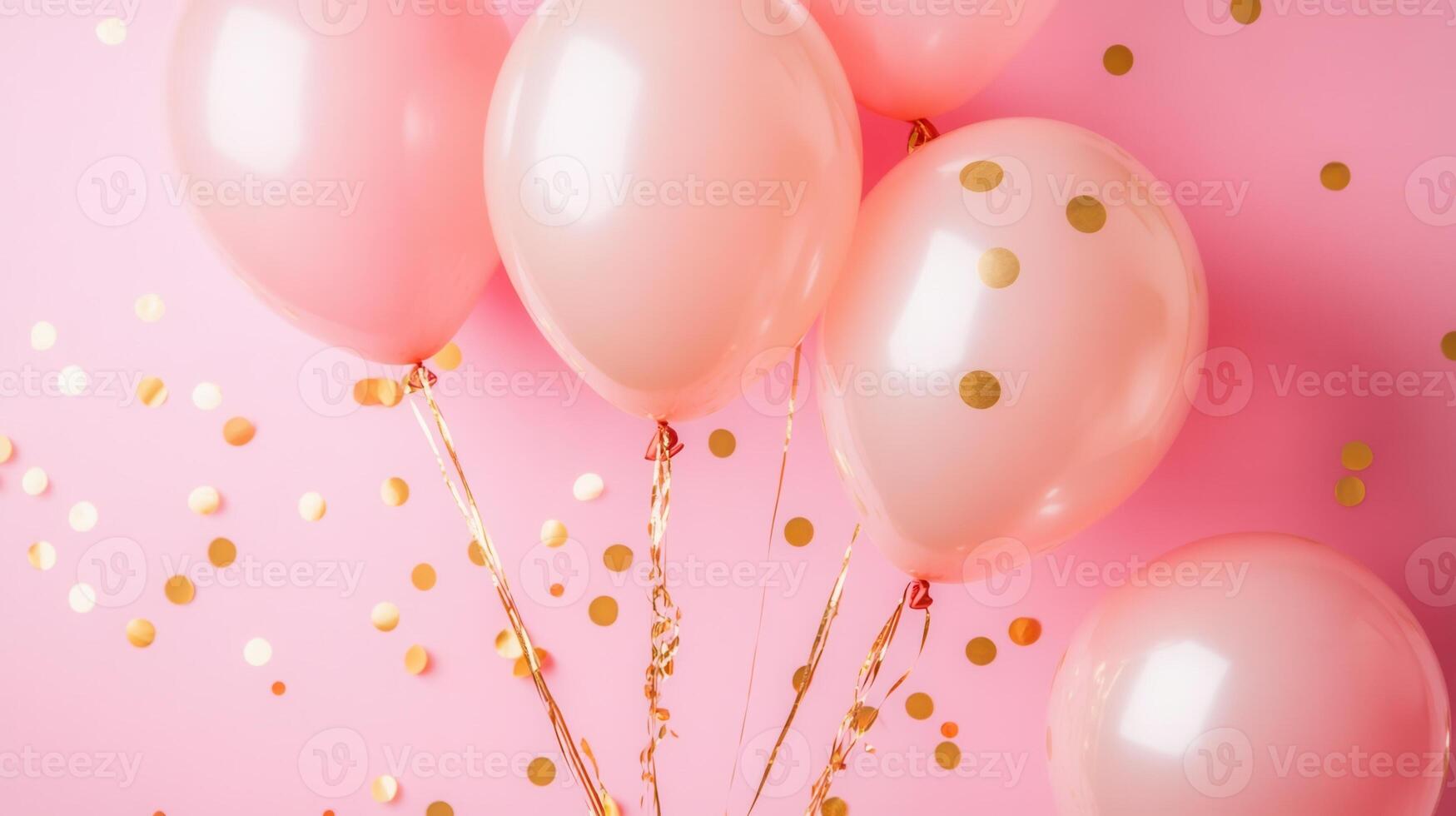 Airy pink and gold balloons creating a festive atmosphere against a solid pink background adorned with scattered confetti photo
