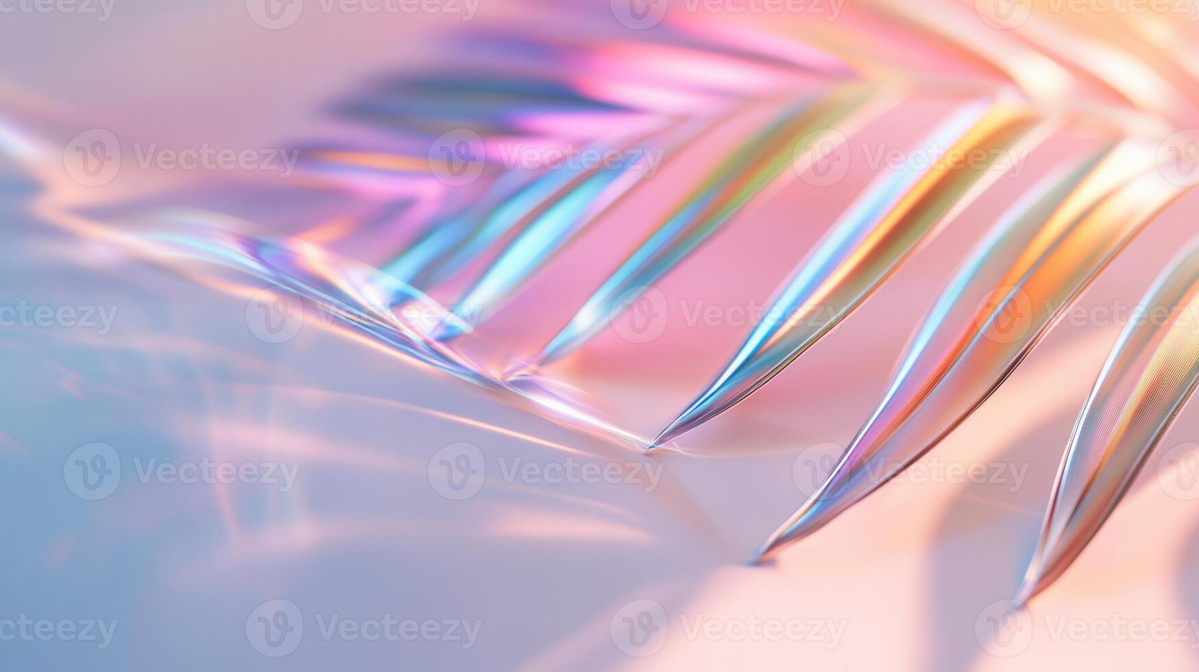 near tropical palm leaf casting shadow Glass transparent sphere on gradient pink blue background, forming minimalist abstract design photo