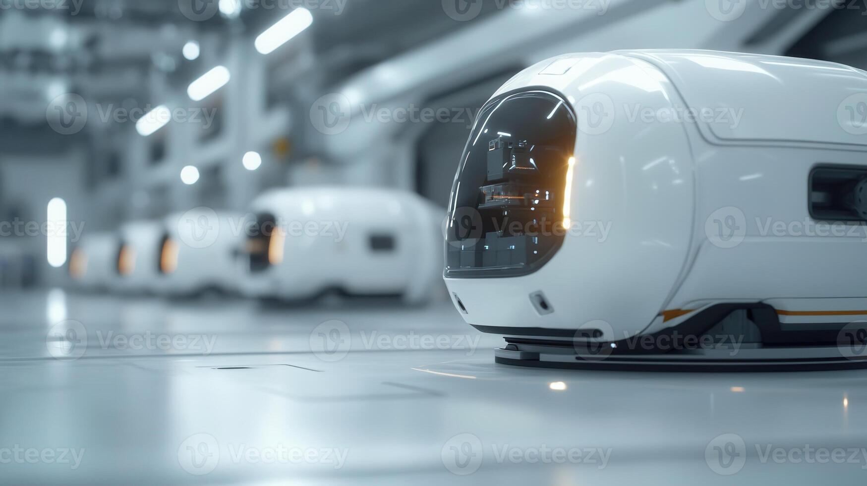 Delivery robots navigating sleek underground tunnel, blue by lighting, powered representing cutting edge automated logistics technology photo