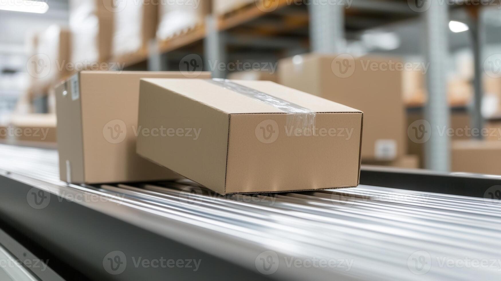 and boxes sliding along warehouse conveyor, showcasing automated logistics Cardboard efficient shipping workflow photo