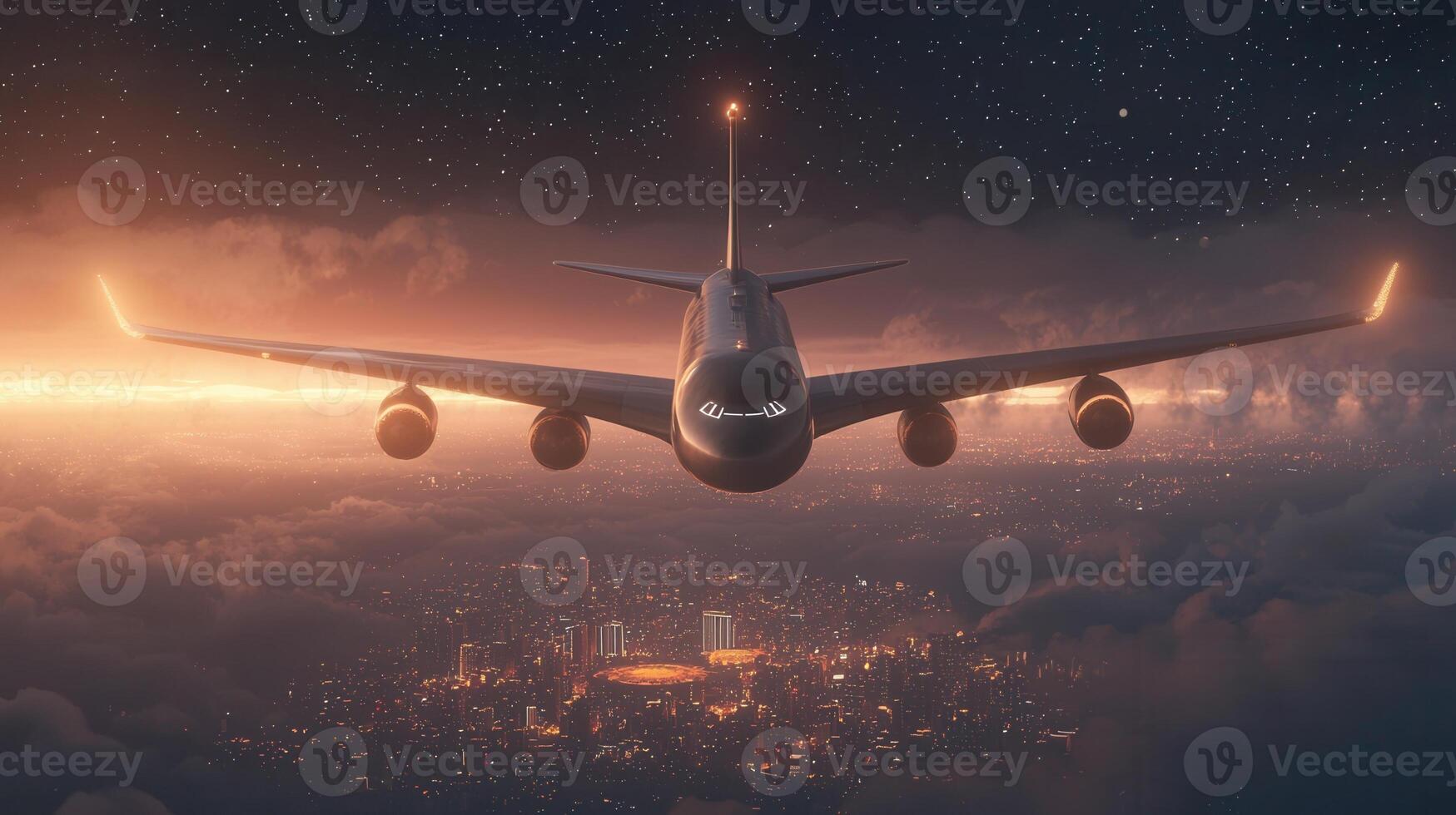 Wide vibrant passenger jet flying over new york city during a and sunset, showcasing the urban landscape body air travel photo
