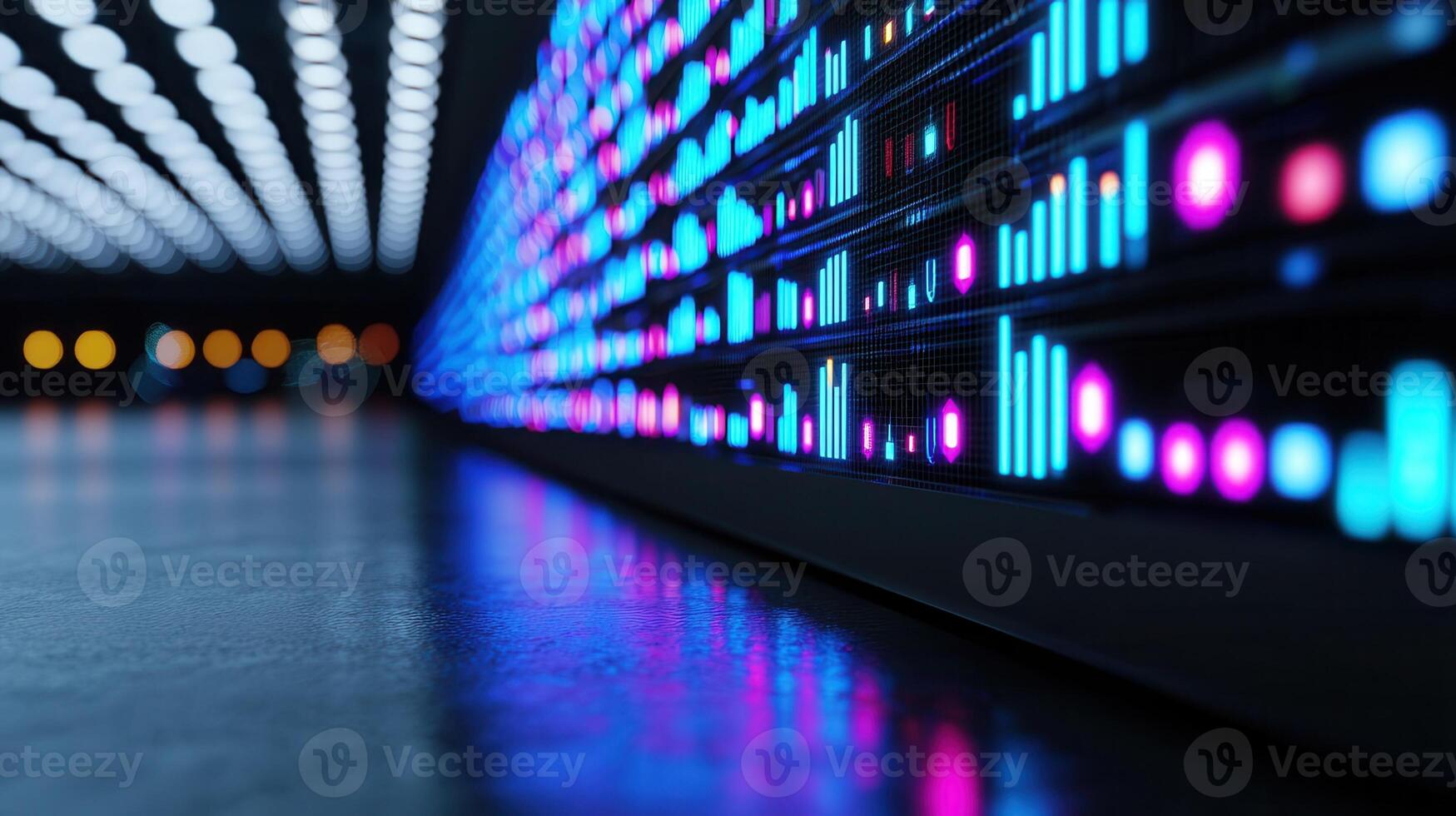 Digital interface visualizing and data streams with vibrant red interconnected blue illumination photo