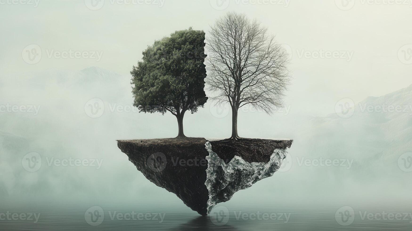 Two floating islands adorned with trees symbolize the vital need for preserving nature ecosystems maintaining healthy and photo