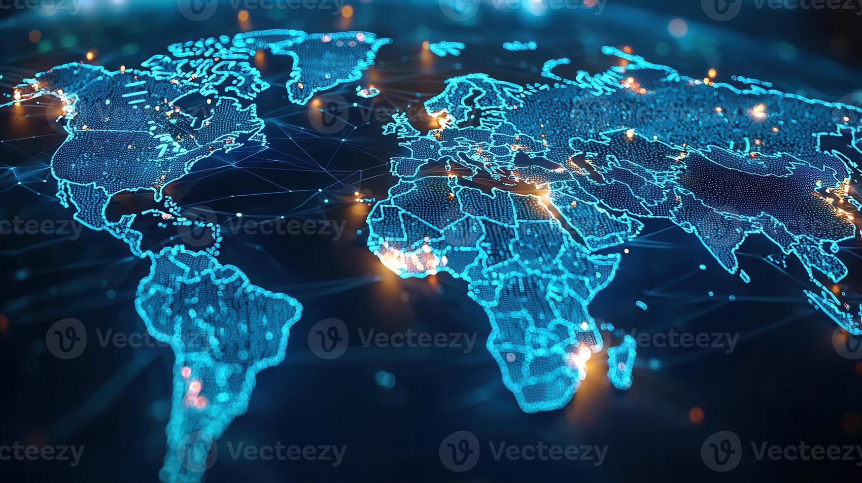 Nighttime global network orange illuminated planet surface connecting cities with luminous technological glowing, pathways photo