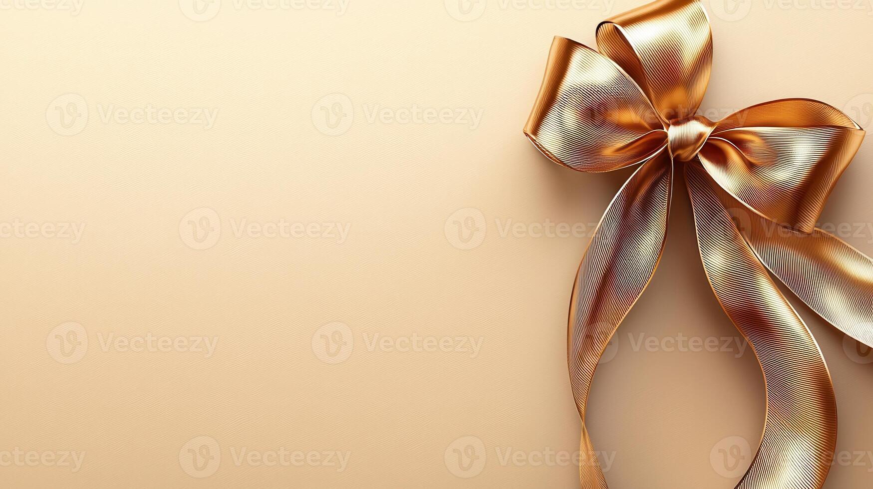 Golden sophisticated bow resting decorative neutral backdrop, symbolizing celebration, luxury, and on event styling photo