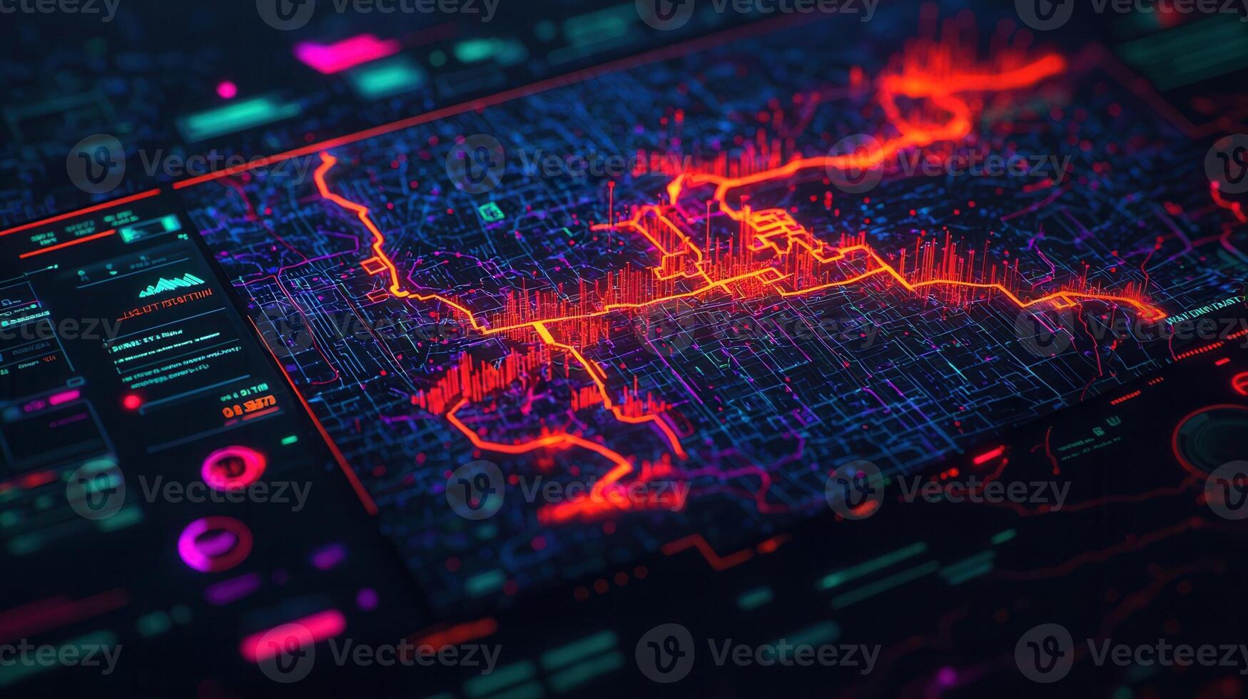 Futuristic control interface showing a 3d map of a smart city traffic highlighted buildings and planning flows, useful for urban with and management photo