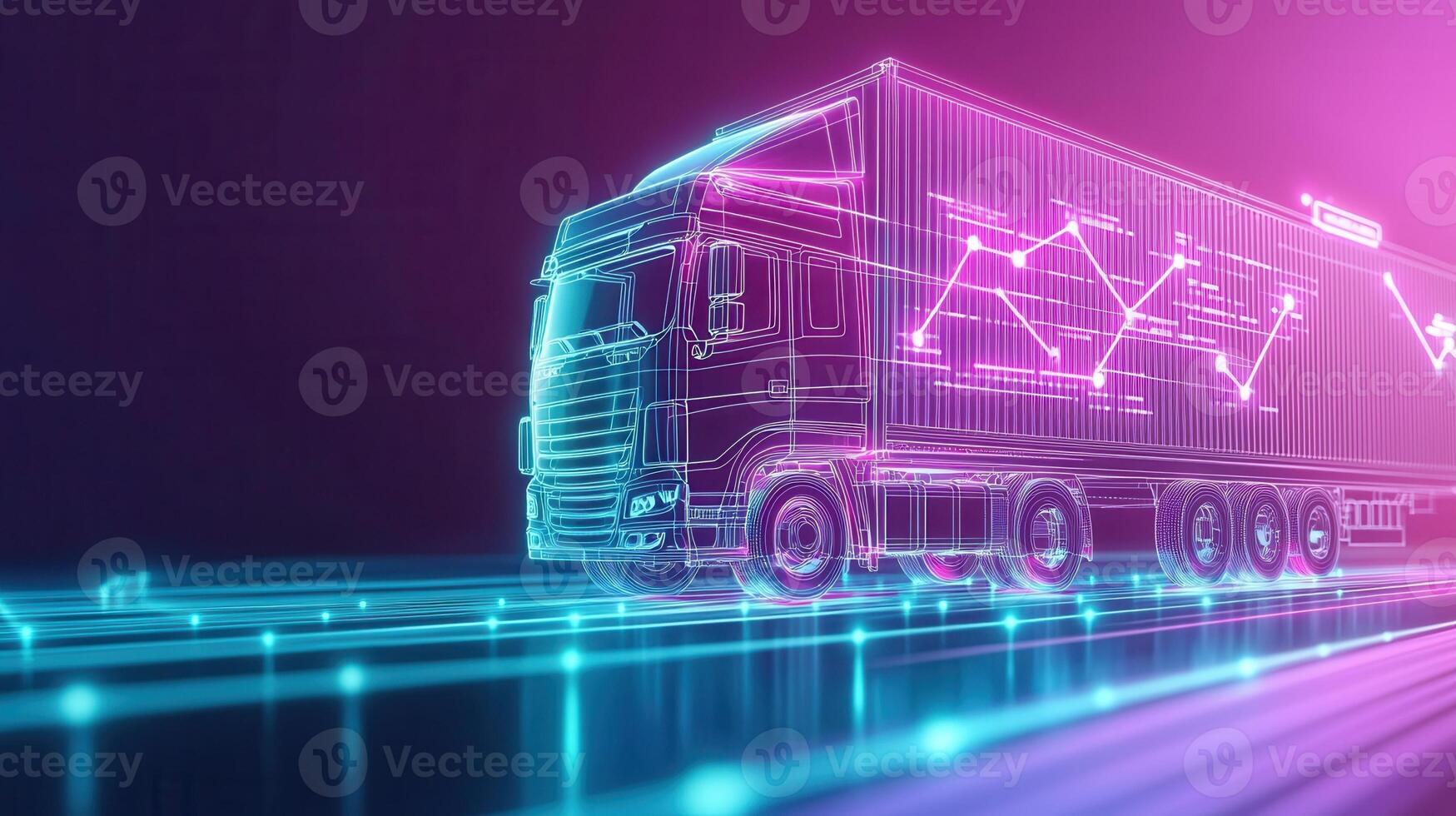 Driverless truck navigating a futuristic highway, showcasing data analysis with vibrant charts and graphs, symbolizing the transportation future of and logistics photo