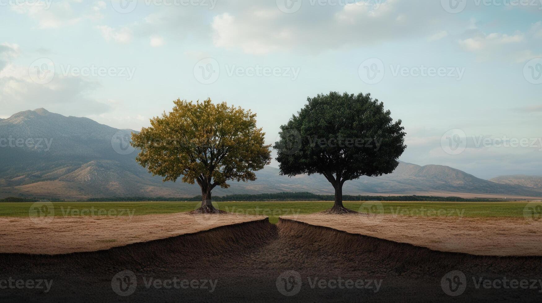 Two floating islands adorned with trees symbolize the vital need for preserving nature and maintaining healthy ecosystems photo