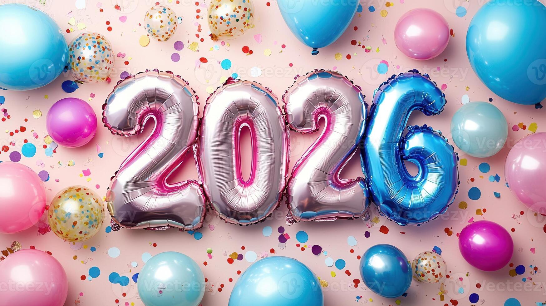 Metallic number 2026 colorful amid balloons confetti floating over soft pink backdrop, marking festive new year celebration photo