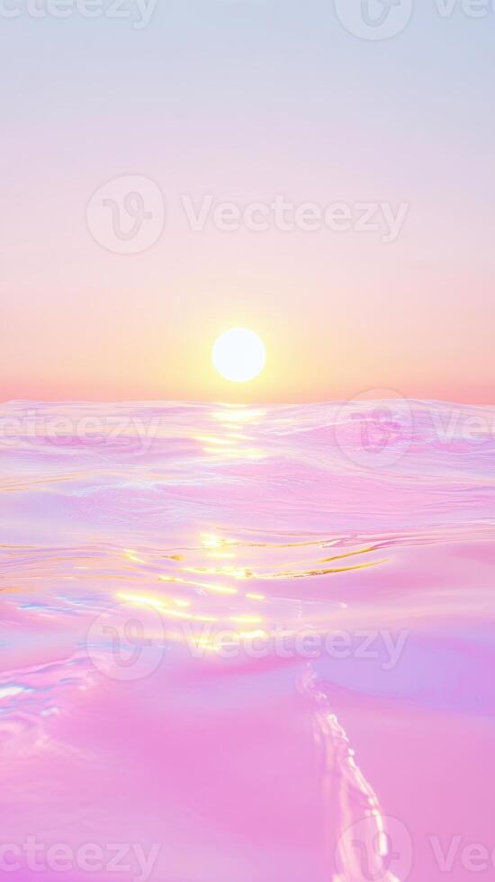 Soft pink ocean mirroring golden sunset, radiating serene tranquility luminescence against twilight horizon photo