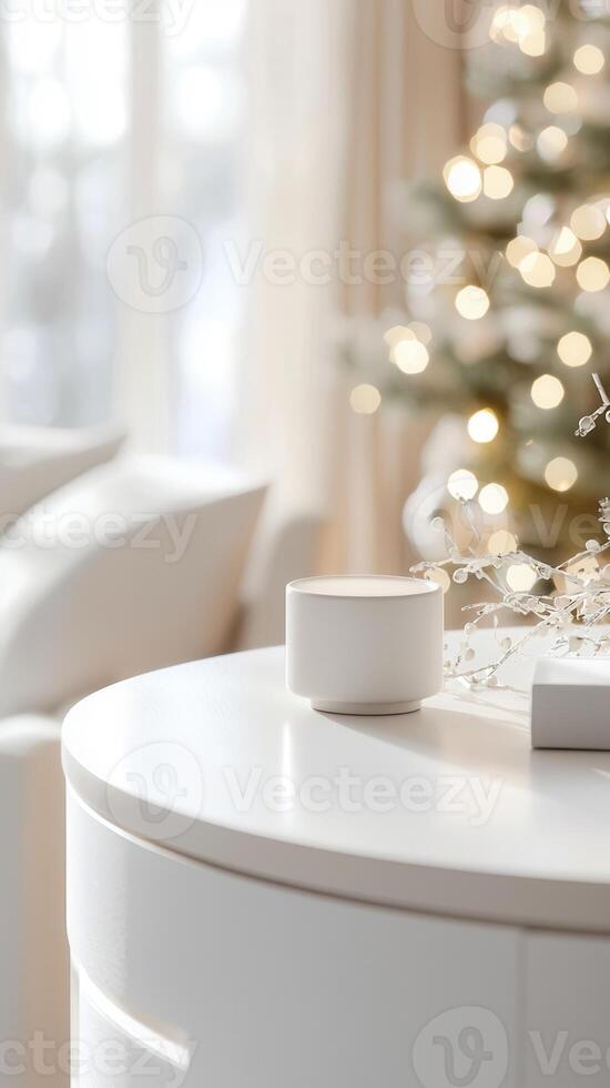 Christmas still life with cozy candles and white decorative branches on a small table in a burning white living room photo