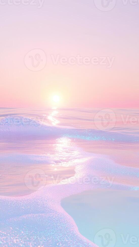 Soft pink ocean mirroring twilight sunset, radiating serene tranquility with ethereal luminescence against golden horizon photo