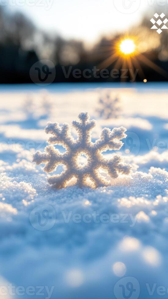 Soft snowflakes drifting onto frosted branches, golden light transforming wintry landscape into serene, enchanting scene photo