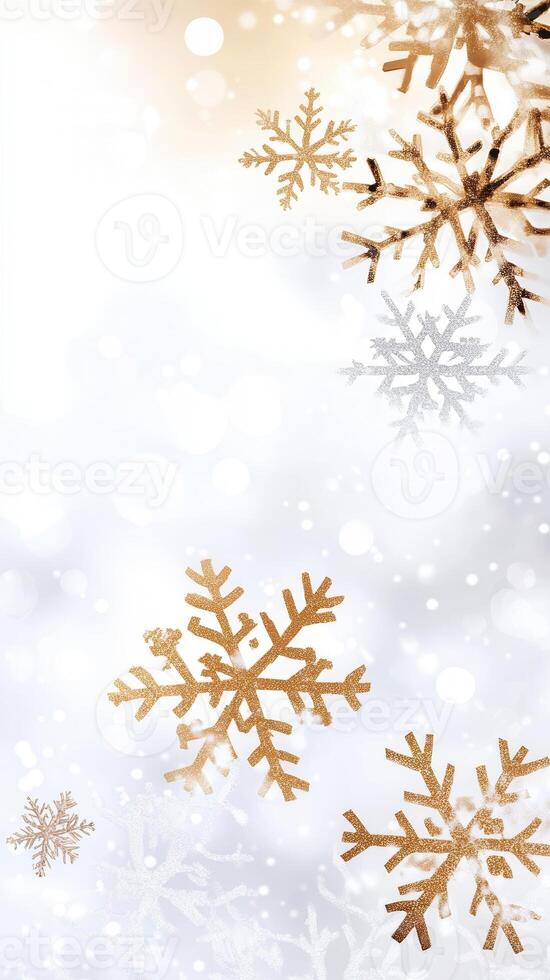 Golden and silver snowflakes falling softly creating a festive christmas atmosphere on a blurred snowy background photo