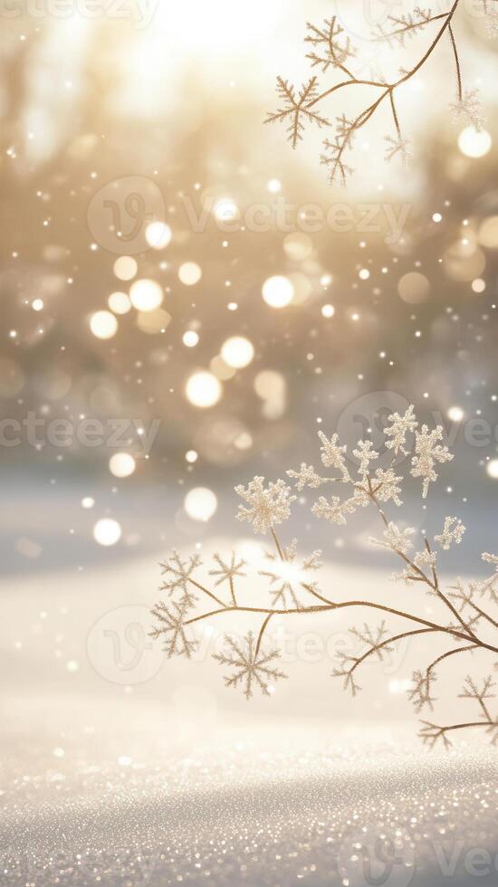 Soft snowflakes drifting branches, frosted onto golden light transforming wintry landscape into serene, enchanting scene photo