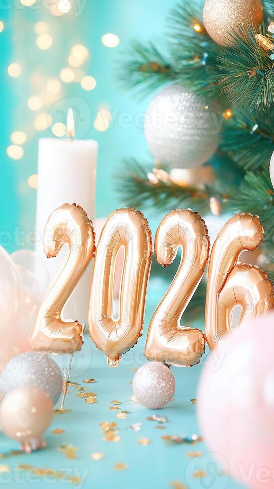 Pink foil balloons forming the number 2026 stand on blurred light blue surface with christmas decorations and a lights, celebrating the upcoming new year photo