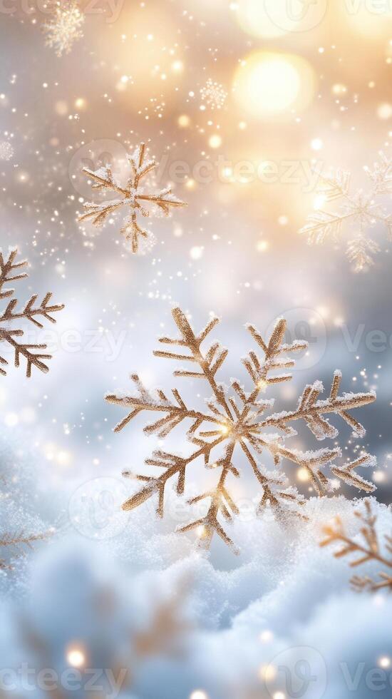 Golden and snowflakes snowy falling softly creating a festive christmas atmosphere on a blurred silver background photo