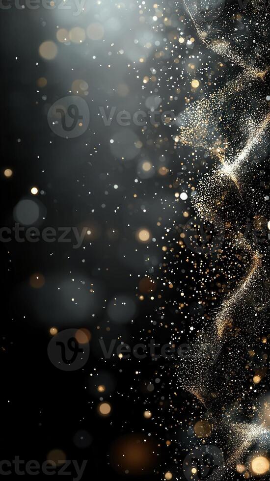 Golden particles and elegant forming abstract waves on a dark background, creating a luxurious and flowing atmosphere photo