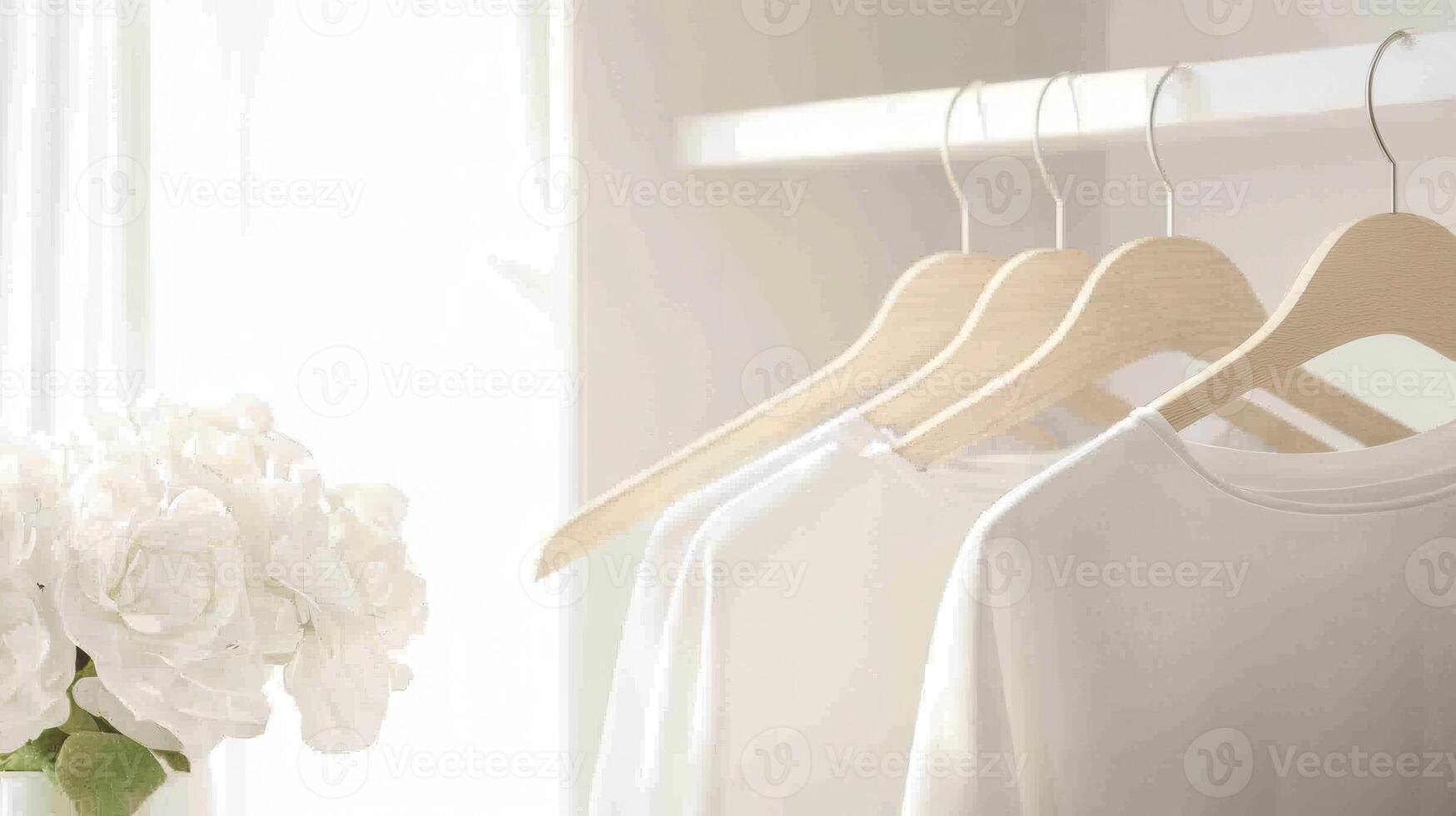 White t shirts are hanging on wooden hangers in a bright and minimalist wardrobe, conveying order and simplicity photo