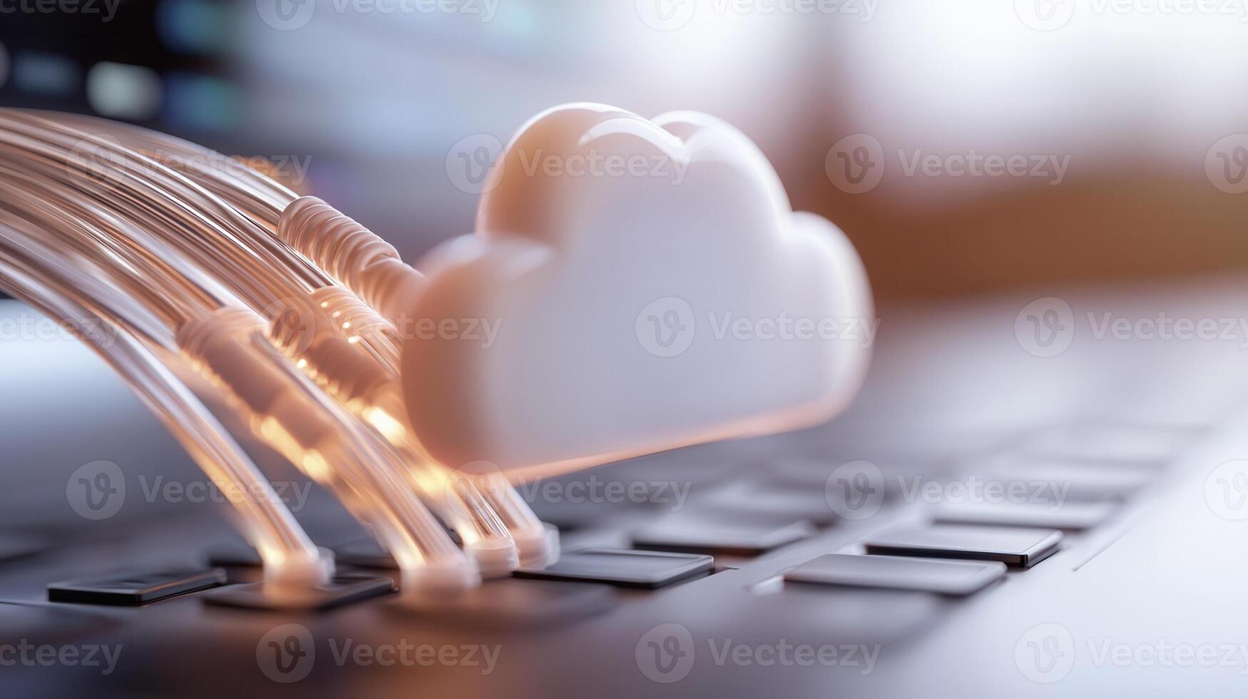 to optic cables transferring data keyboard, a cloud computing icon above a laptop Fiber symbolizing data transfer and cloud storage photo
