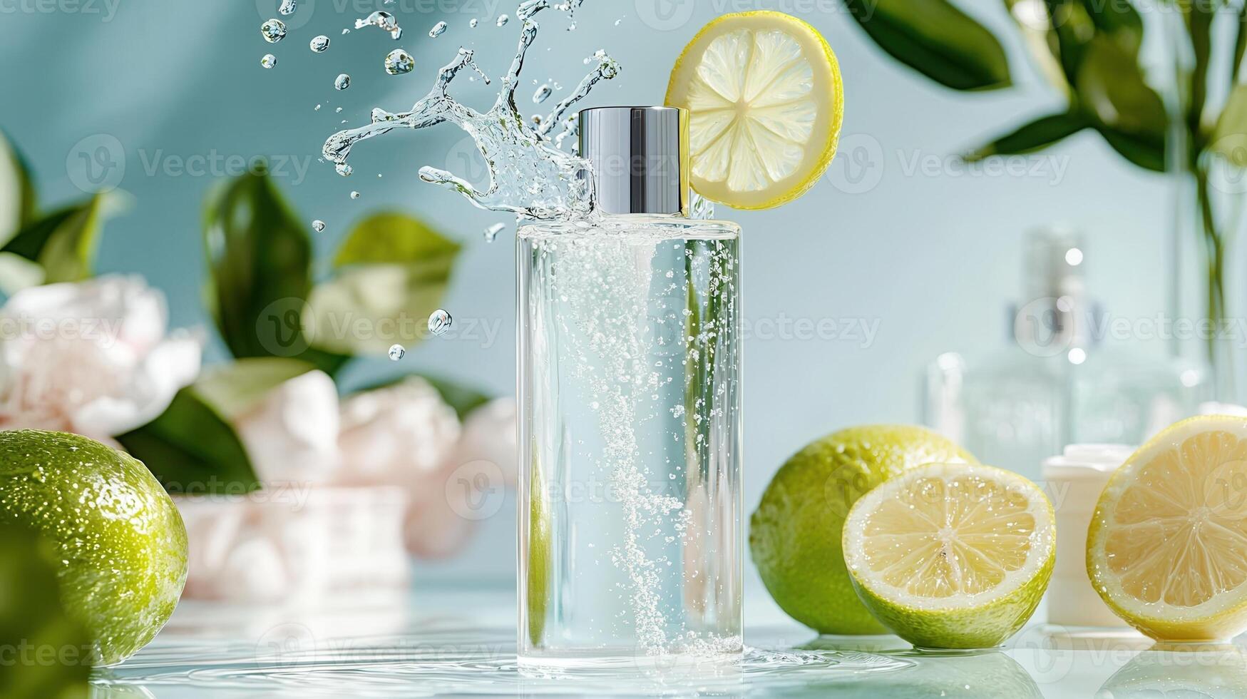 cosmetic dropper bottle rising through water splash, representing and beauty clean hydrating skincare product design photo