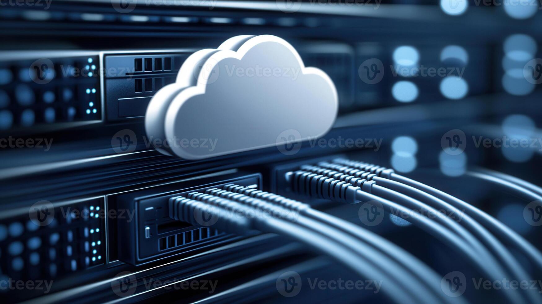 Sleek black network cables linking white cloud icon, symbolizing digital connectivity and cloud storage infrastructure photo