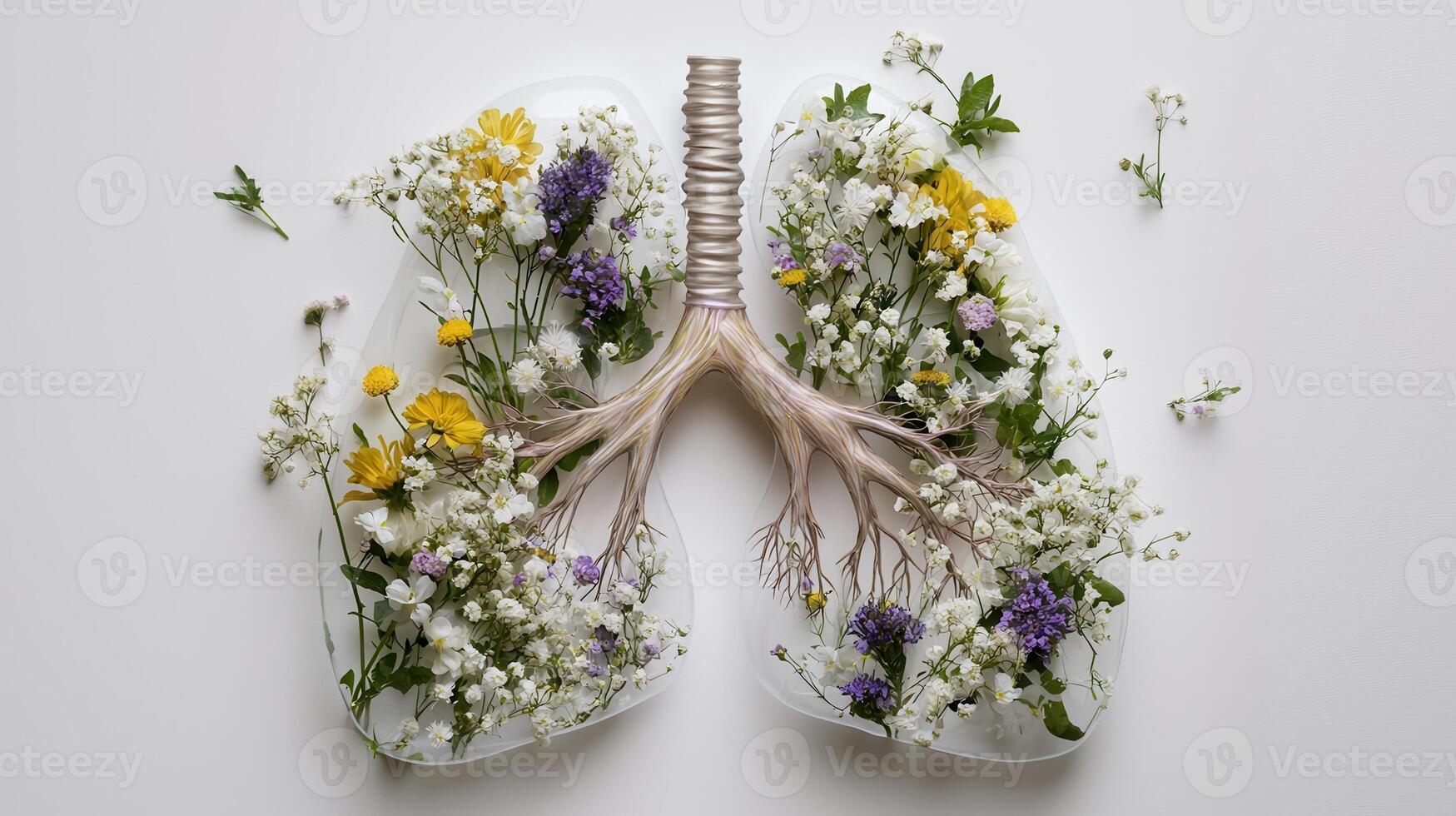 Colorful flowers symbolize lungs forming healthy respiration and clean air, promoting environmental awareness and respiratory health photo