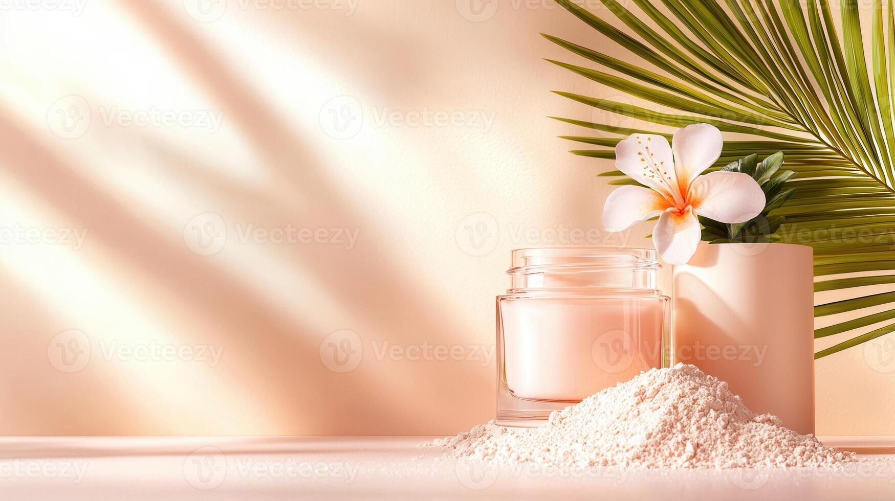 Face powder and cream containers are presented on a white surface with a tropical leaf and pink flowers, illuminated against by light natural an orange backdrop photo