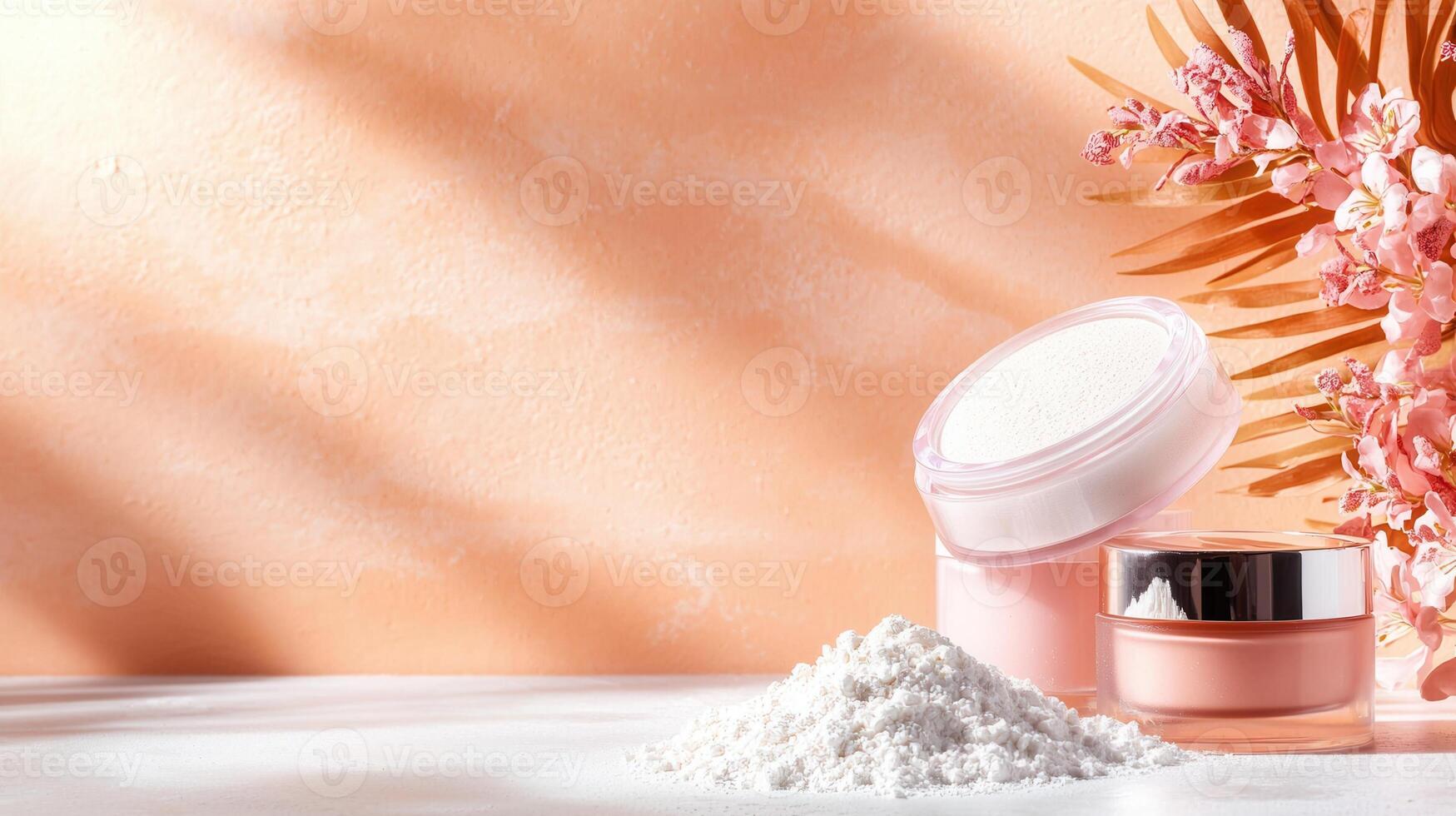 Face powder and cream containers are presented on a white surface with a tropical leaf and pink flowers, illuminated by natural light against an orange backdrop photo