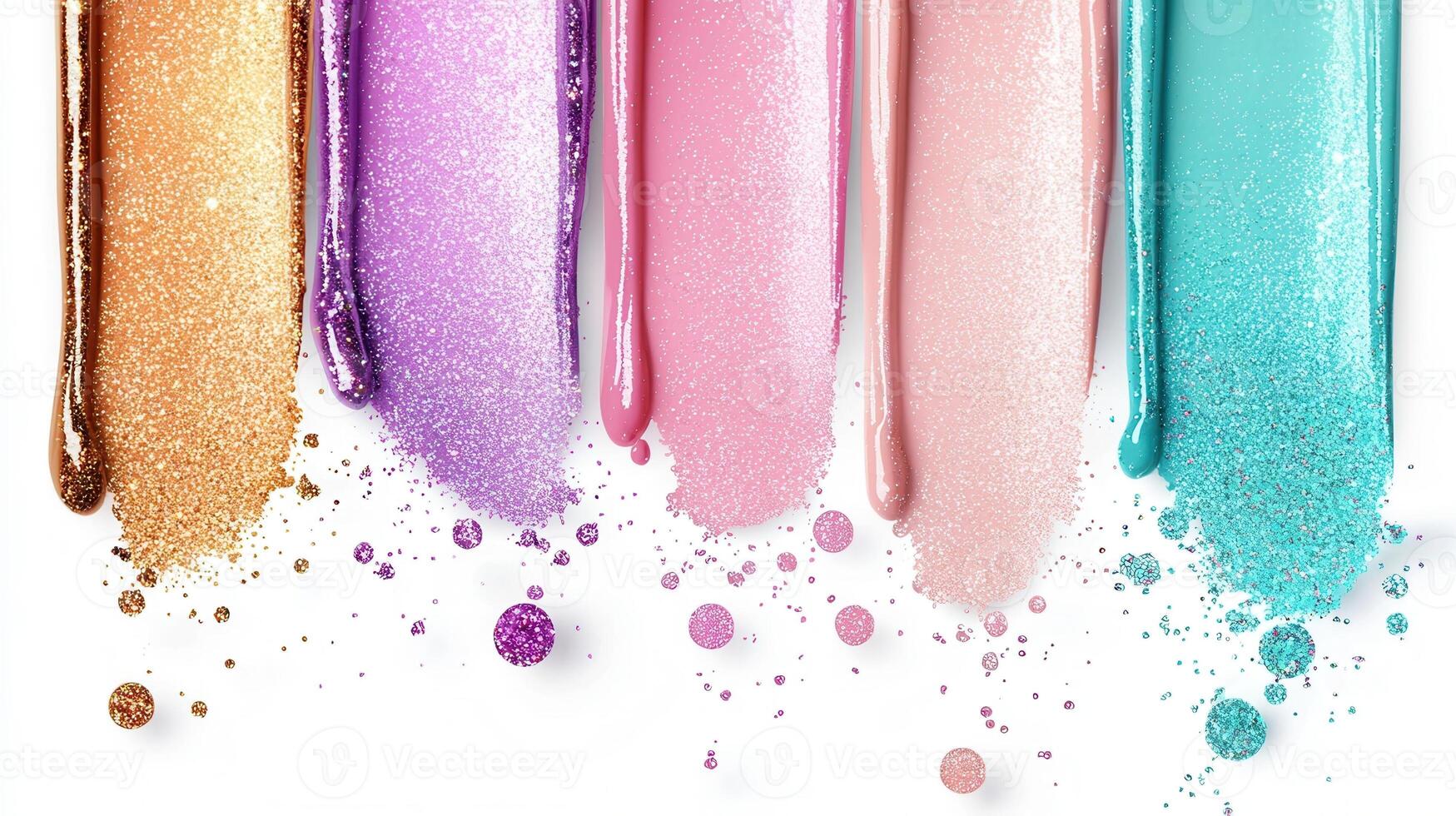 Dripping nail polish of with colors different glitter creates a vibrant and colorful beauty product display photo