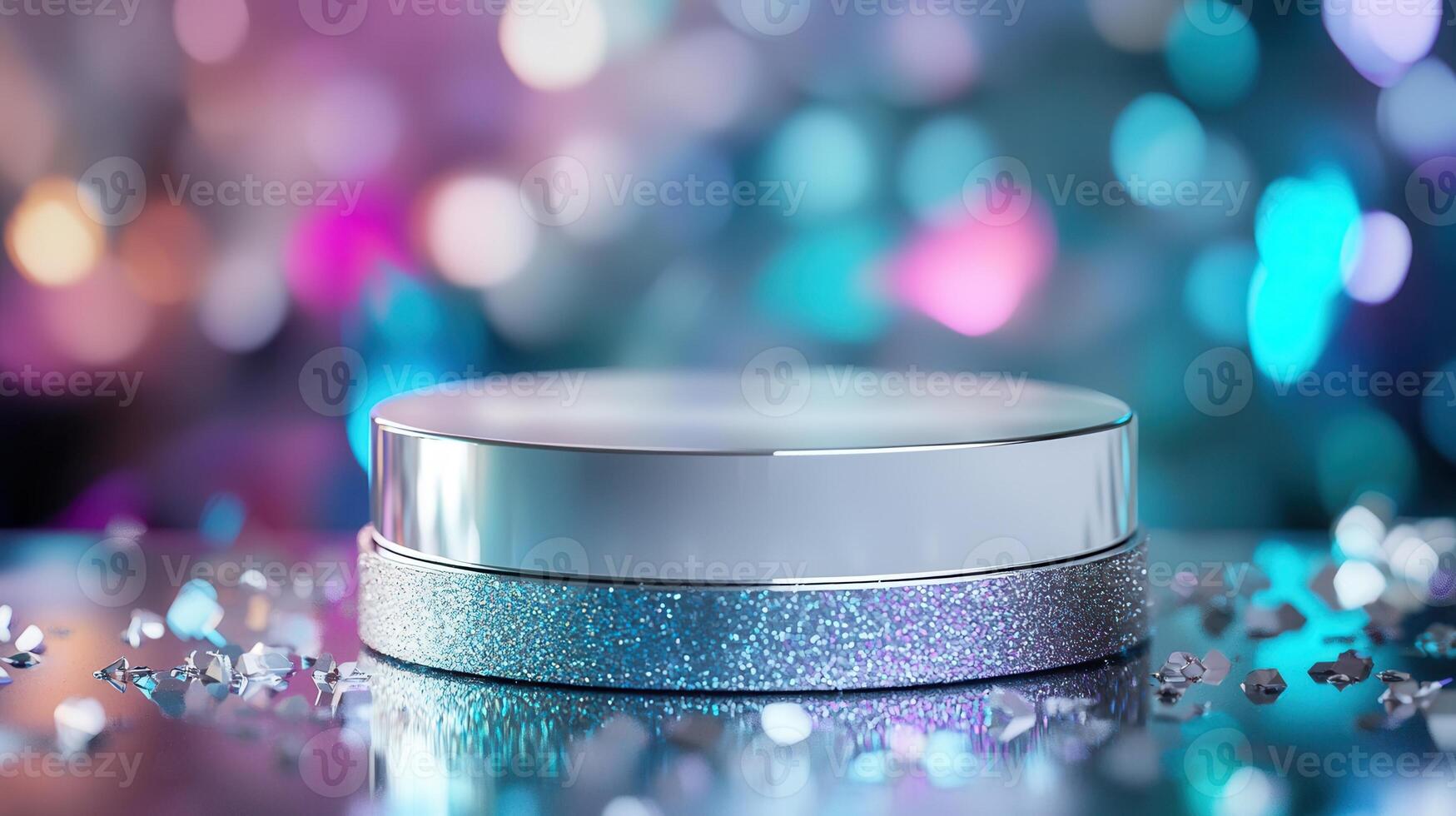 Metallic platform with gleaming circular purple bokeh lights, reflecting crystal fragments against sleek futuristic design photo