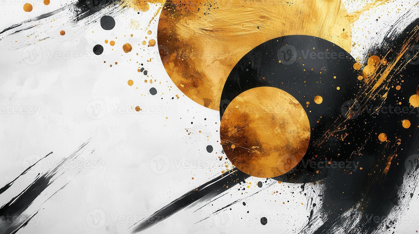 Gold circles and black brushstrokes creating a dynamic and elegant abstract composition on textured white background photo